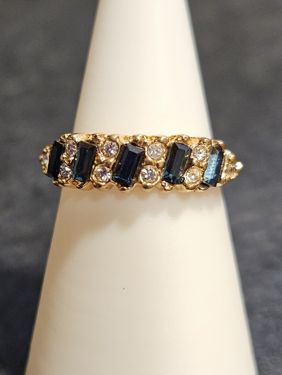Jewelry - Gold Plated Blue Crystal & Clear CZ Bar Ring. Size 8